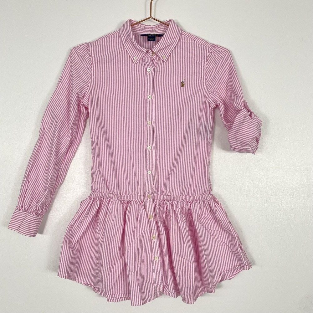 Polo Ralph Lauren Shirt Dress Girls 12 Pink Stripe Button Long Sleeve Pony Logo